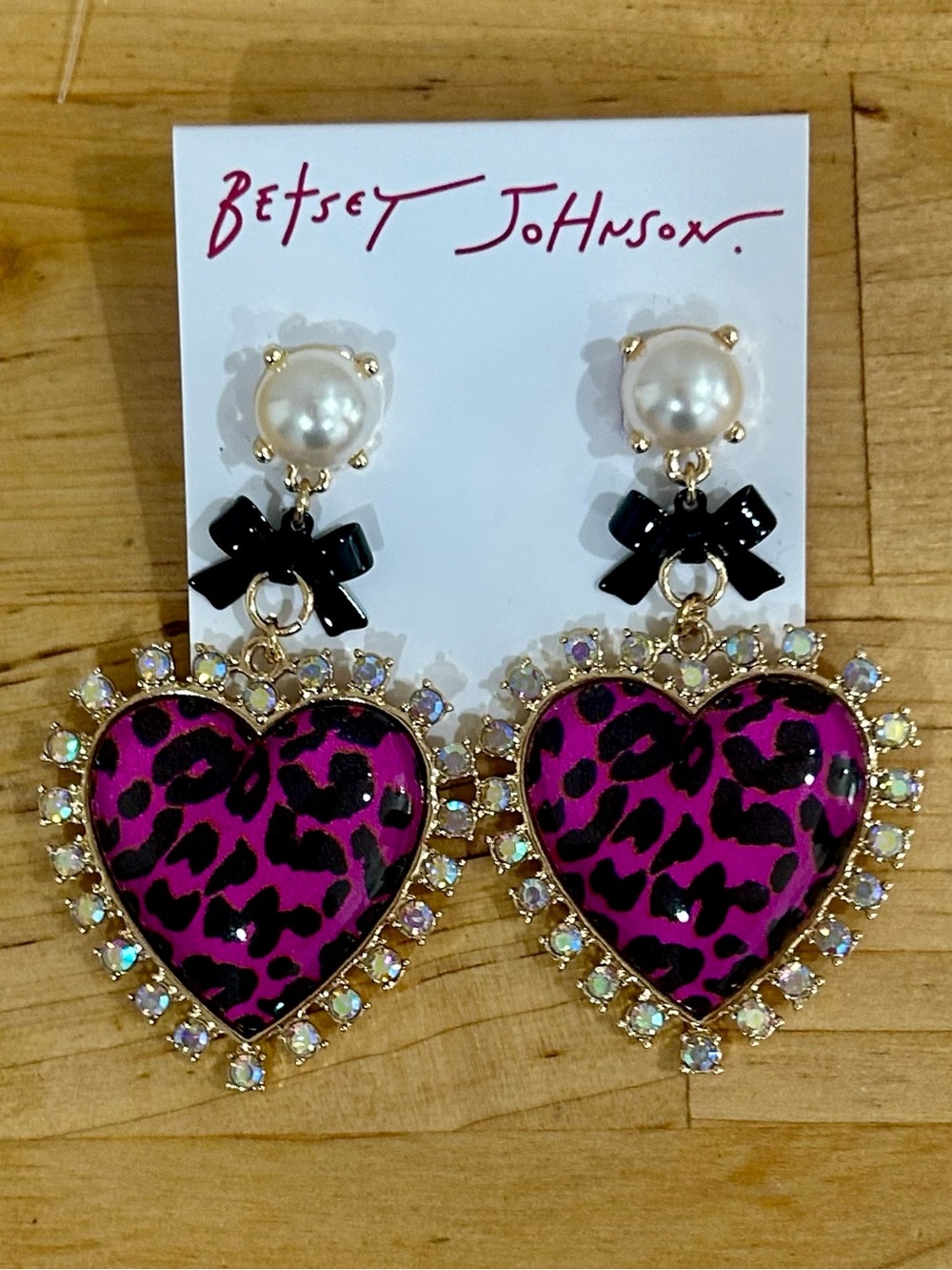 Betsey Johnson Pink Leopard Heart Statement Earrings